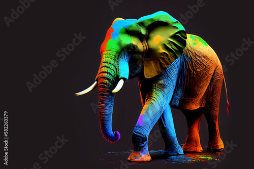 rainbow elephant over dark background. Generative Ai