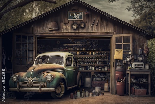 an old garage with a vintage car and tools on display, creating a nostalgic atmosphere, created with generative ai