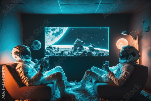 Two People In Space Suits Sitting In A Room With A Television Lunar Landscape Video Art Home Entertainment  Generative AI 