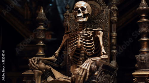 skeleton, throne, vintage, human, skull, anatomy, bone, body, bones, halloween, x-ray, medical, 3d, death, isolated, white, medicine, dead, spine, science, illustration, biology, black, generative, ai