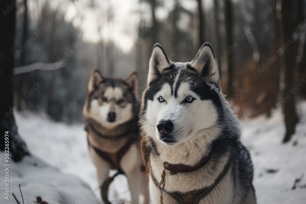 The two husky dogs competing in the snow. Generative AI The two husky dogs competing in the snow. Generative AI