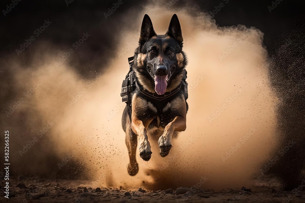 Heroic K9 Police Dog Running in Dirt - German Shepherd in Tactical Gear  with Huge Details, obrazy, fototapety, plakaty - BajeczneObrazy.pl