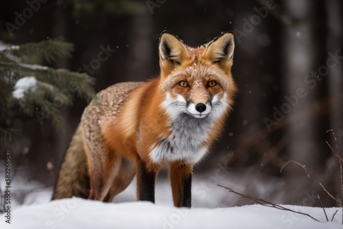 At Canada's Algonquin Park, a red fox (Vulpes vulpes) with a bushy tail is seen hunting in the snow during the winter. Generative AI