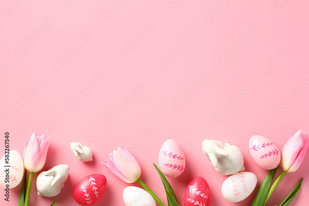 Happy Easter concept. Easter card with colorful eggs, decorative bunnies and tulips on a pink background.