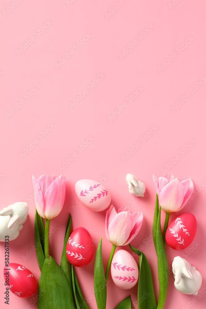 Happy Easter concept. Easter poster design with colorful eggs, decorative bunnies and tulips on a pink background