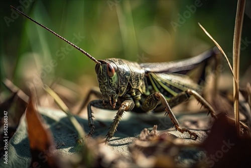 On a blade of grass, a dark bush cricket (Pholidoptera griseoaptera). Generative AI © AkuAku