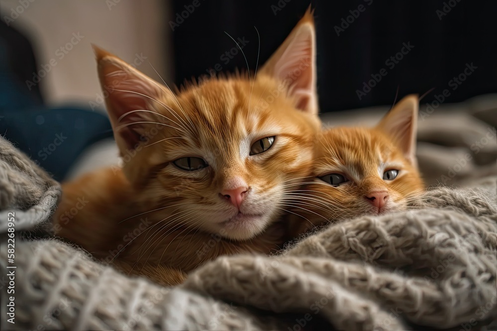 Cat kitten sleeping Ginger kitten on sofa with knit blanket covering it. Hugging and cuddling two cats. Household pet. Sleep and a relaxing snooze. family pet little kittens. hilarious and cute kittie