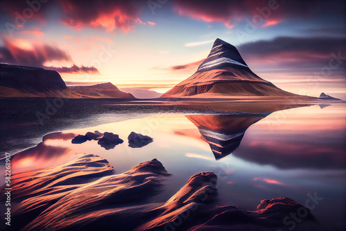 illustration sunset over fantastic evening with the Kirkjufell volcano. Generative AI photo
