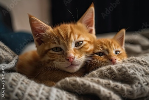 Cat kitten sleeping Ginger kitten on sofa with knit blanket covering it. Hugging and cuddling two cats. Household pet. Sleep and a relaxing snooze. family pet little kittens. hilarious and cute kittie © AkuAku