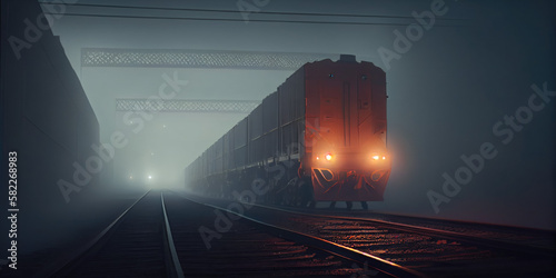  Cargo train in night fog
