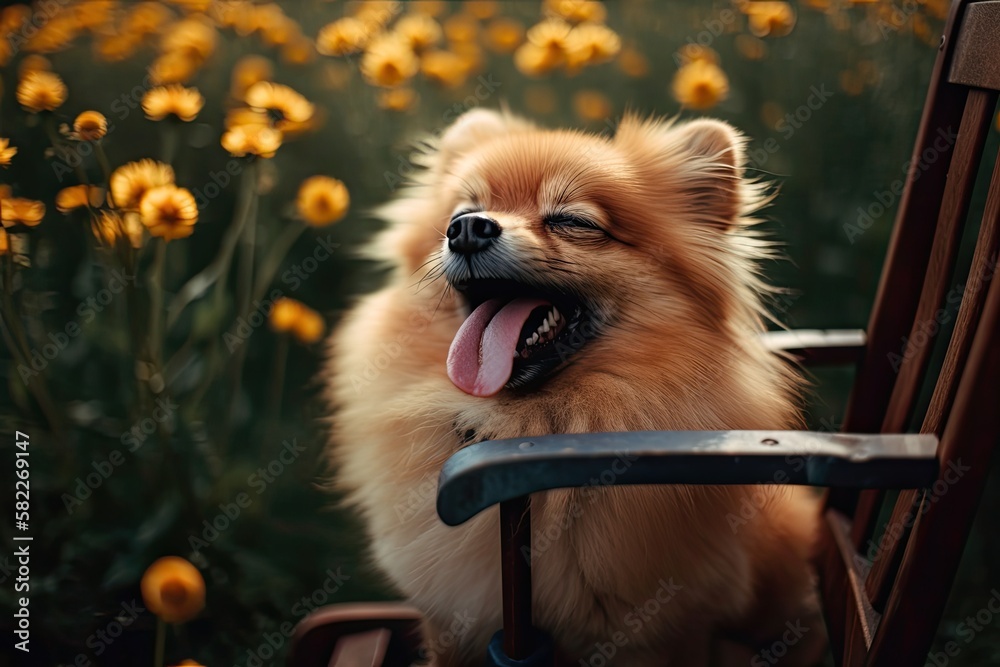 Tired Pomeranian dog with tongue hanging off seat. Generative AI