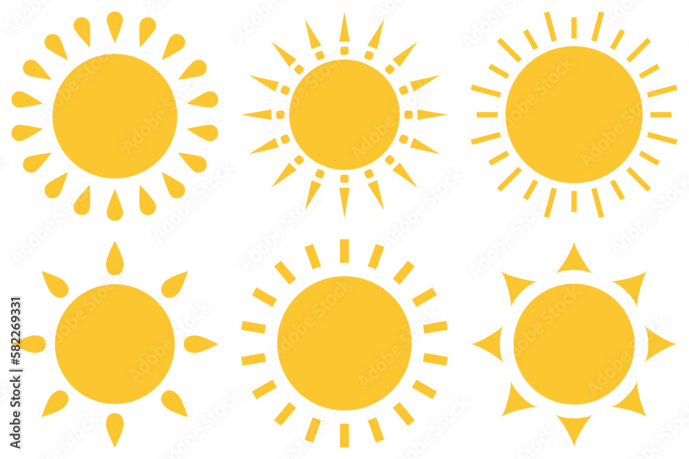 Fototapeta premium Sun icon set, yellow color hot, warm sunny summer flat style vector design. Sunlight, nature, sky object illustration graphic symbol isolated on white background.