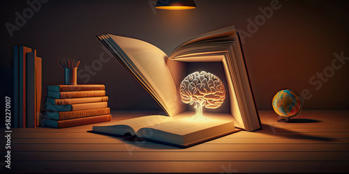 Opened book laid out on a table, light bulb above that - Generative AI