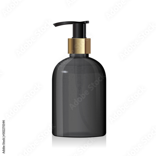Black glass round bottle with golden pump with liquid inside isolated on white background. Transparent plastic packaging. Shampoo or soap dispenser. 3d vector cosmetic bottle mockup template