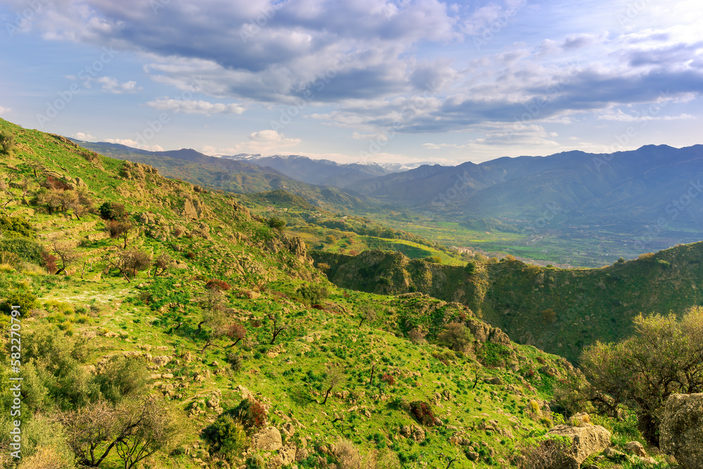 Obraz premium picturesque view in a green mountain valley among slopes and hills with sunny plantations on a rocky plato and nice cloudy sunset on background