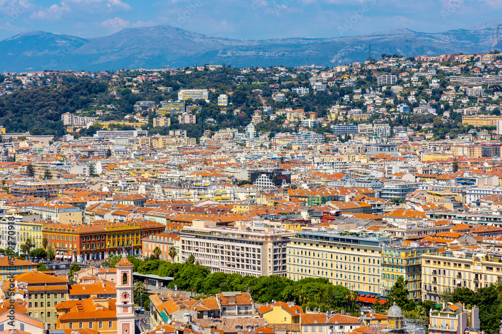 Nice panorama with Vieille Ville historic old town district with Saint Reparata Cathedral at French Riviera of Mediterranean Sea in France
