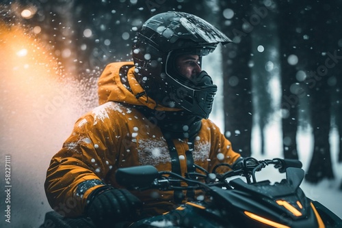 Man in helmet rides a snowmobile through the forest. Generative AI