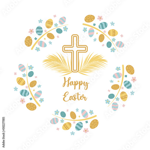 Eggs decorated with flowers and bright colors to celebrate the resurrection of Jesus Christ on Sunday. Happy Easter lettering and a cross among palm leaves. Catholic greeting card.
