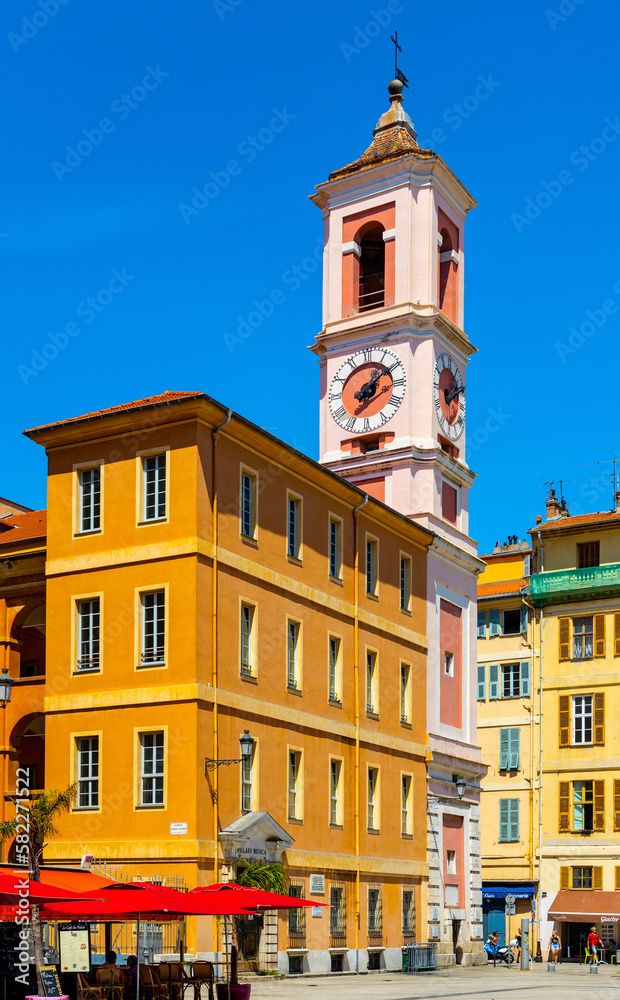 Palais Rusca Palace and Tour de l'Horloge clock tower at Place du Palais de Justice Palace square in historic Vieux Vieille Ville old town of Nice in France