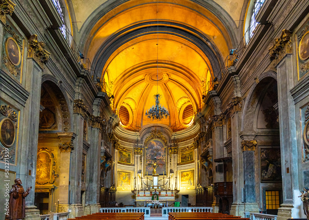 Main nave and presbytery of Eglise Saint Francois de Paule church of Francis of Paola in historic Vieux Vieille Ville old town of Nice in France
