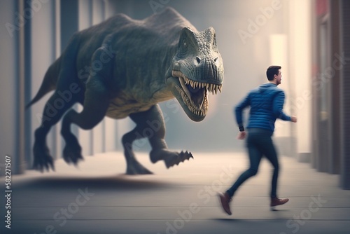 Blurred photo of a man running away from a dinosaur, back view, smotion effect. Generative AI