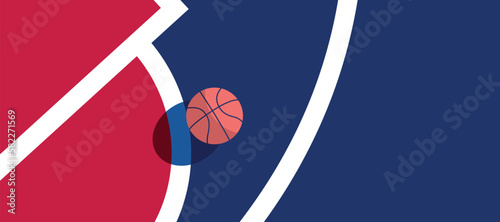 Basketball ball standing on white line on blue background