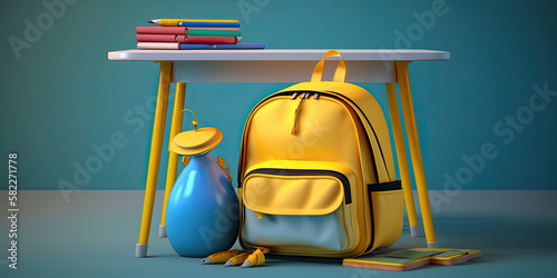 School desk with yellow backpack and school accessory - Generative AI