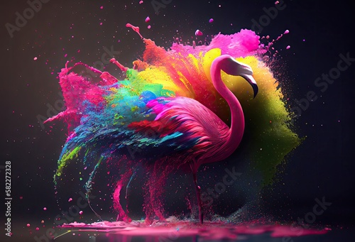 Flamingo Rainbow Color Splash In Cool Style Generative AI photo