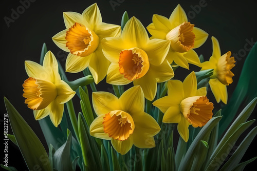 Bunch of yellow daffodils with trumpet-shaped centers and long