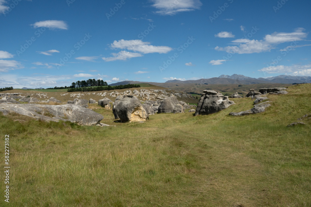 Vista of Elephant Rocks, near `Ōamaru in Waitaki (New Zealand). Ancient natural limestone formations that look a lot like elephants and are a tourist attraction.