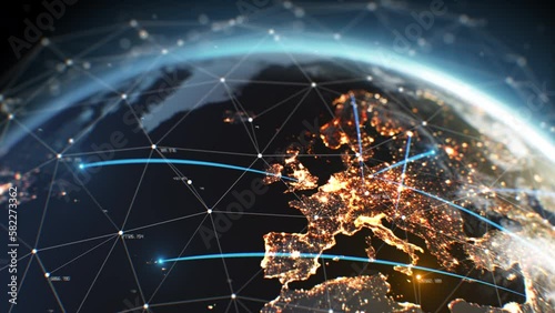 Global Digital Grid Growing Over Earth Looped Net 3d Animation. Ai Neural Networks Covering Planet Illustration. International Airlines. Internet Connections. Business Transaction Lines Worldwide 4k