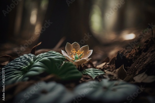 Flower lies on the forest floor. Generative AI