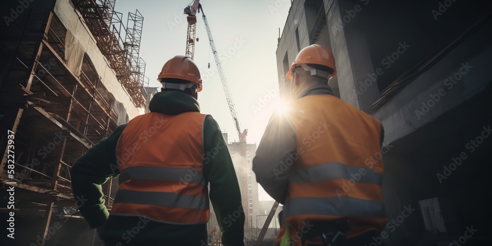Two workers wearing safety vests and helmets checking building construction site. Generative AI