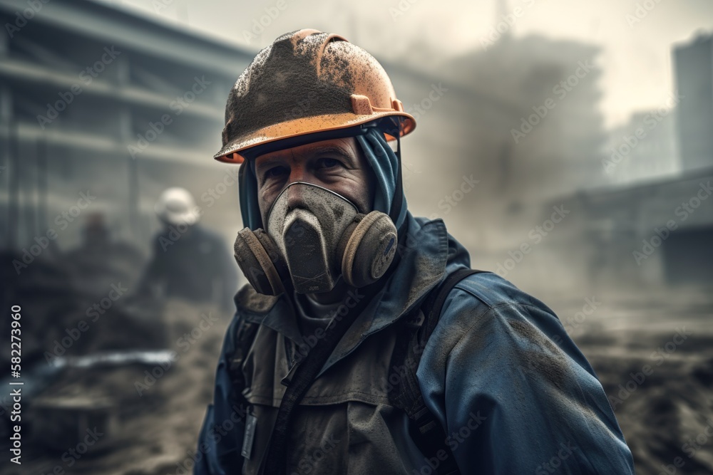 Portrait of construiction worker in dirty workwear and mask on industrial job. Generative AI Portrait of construiction worker in dirty workwear and mask on industrial job. Generative AI