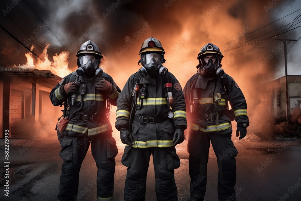 Fototapeta premium Firemen group, fighting the danger and protecting the house. Generative AI