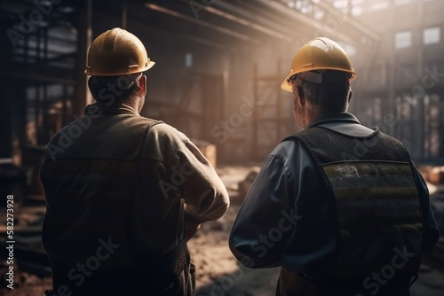 Two workers wearing safety vests and helmets checking building construction site. Generative AI © iridescentstreet