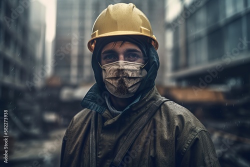 Portrait of construiction worker in dirty workwear and mask on industrial job. Generative AI photo