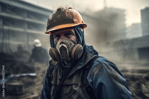 Portrait of construiction worker in dirty workwear and mask on industrial job. Generative AI photo