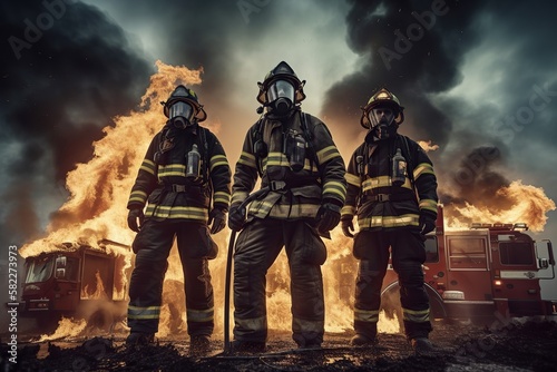 Firefighters squad, brave, strong and ready to help. Generative AI