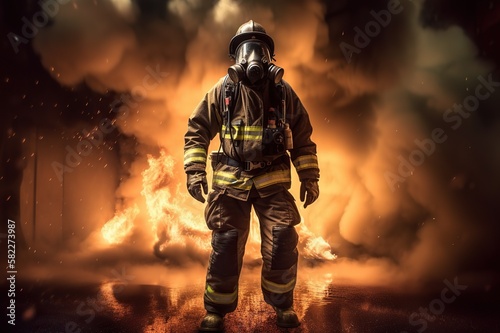 Portrait of firefighter wearing protective facial mask, fire on background. Generative AI