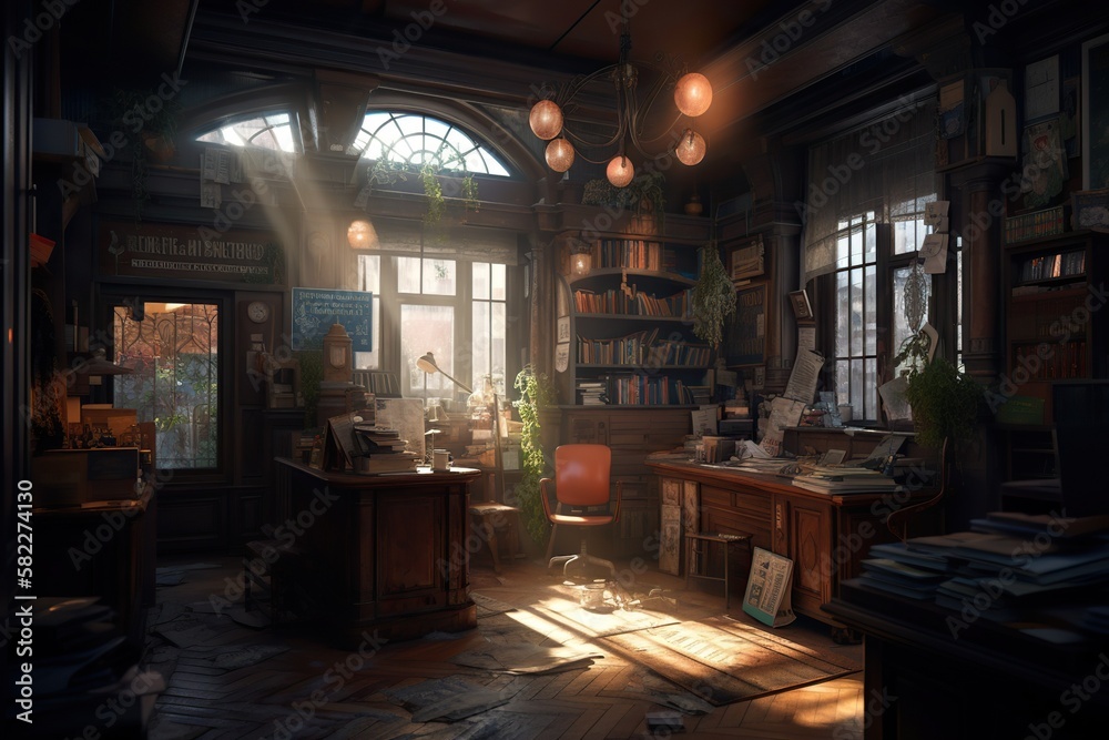 Cozy magical vintage european bookshop or old library in the morning. Generative AI