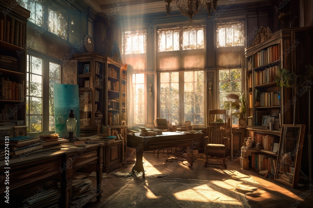 Cozy magical vintage european bookshop or old library in the morning. Generative AI