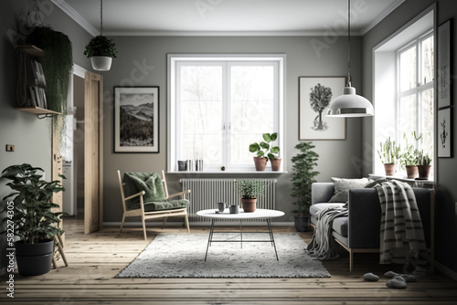 Cozy and inviting Scandinavian living room  featuring natural materials and a warm color palette. Ai generated.