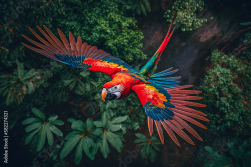 Exotic Scarlet Macaw in full flight, surrounded by tropical jungle. Generative AI.