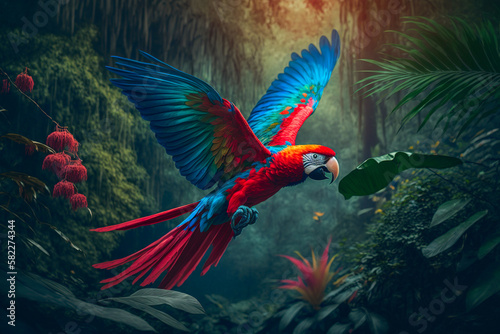 Stunning Scarlet Macaw flying in lush jungle. Generative AI.