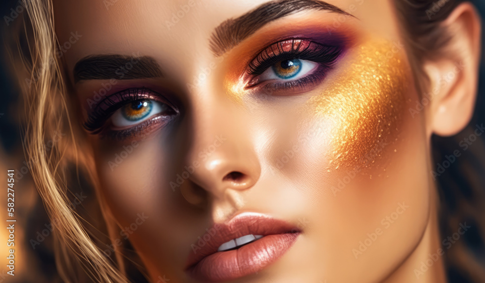 Close Up Beauty Portrait of Young Woman with Beautiful Summer Bright Makeup Modern Smokey Eyes with Colorful Metallic Eyeshadows Studio Shot - Post-processed Generative AI Close Up Beauty Portrait of Young Woman with Beautiful Summer Bright Makeup Modern Smokey Eyes with Colorful Metallic Eyeshadows Studio Shot - Post-processed Generative AI