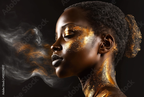 Young African American Woman with Silver and Gold Makeup and Body Art on a Black Background with Smoke - Post-processed Generative AI