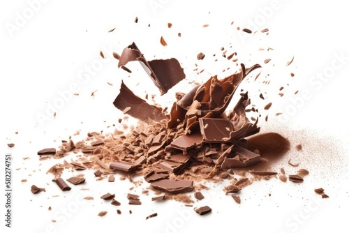 Chocolate blast with shattered fragments against a white background. Generative AI