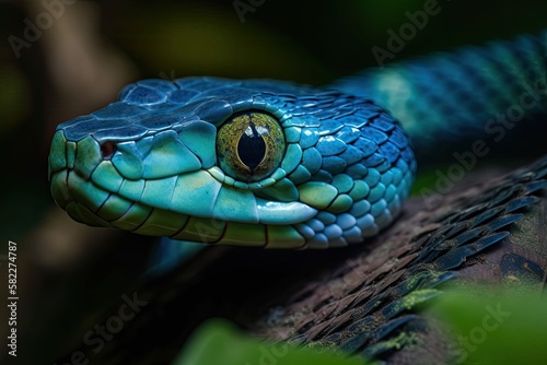 Blue insularis, a viper snake with a close up face, Trimeresurus Insularis, and an animal. Generative AI