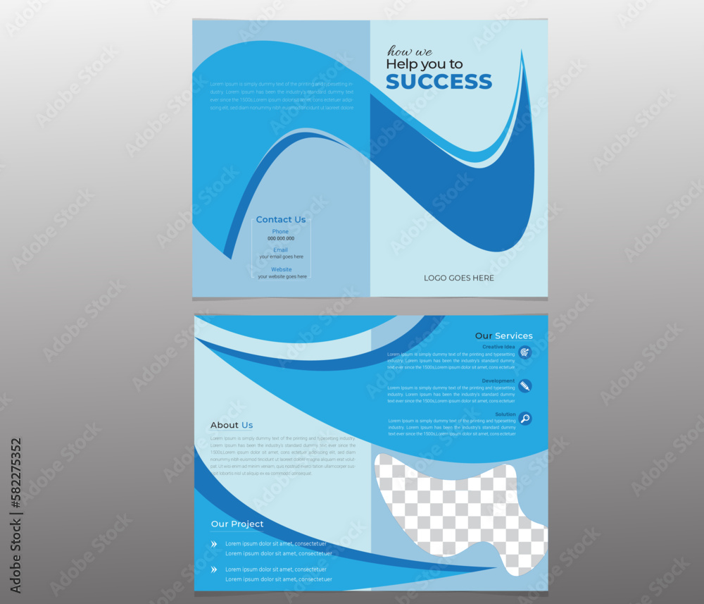 bi-fold business brochure  cover design, corporate business profile layout template with blue color modern creative A4 magazine cover  design theme
